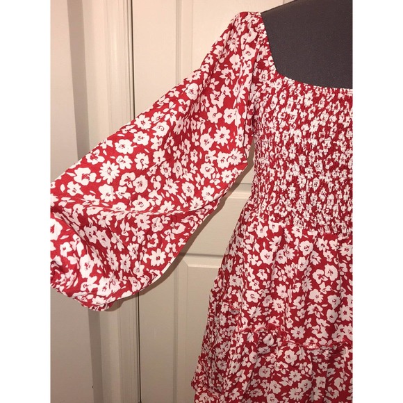 Women’s Red & White Floral Dress, LARGE, Smocked, Tiered Sheer - Picture 4 of 14